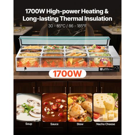 Chauffe-Plat Électrique à Vapeur 1700 W, Buffet Chauffant en Inox, Bain-marie avec 12 Bacs de 1/3, Couvercle en Verre et Louches à… (1/5)