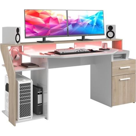 Bureau Silver avec LED - Décor chene et mélamine blanc brillant - L 178 x P 88 x H 68 cm - PARISOT (1/5)