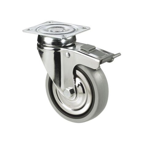 Rueda de goma gris con placa giratoria y freno de 40 mm en Pack de 4 unidades Ø50mm x 18mm Placa 42 x 42mm Taladro 4.5mm Alto 64mm 36kg (1/4)