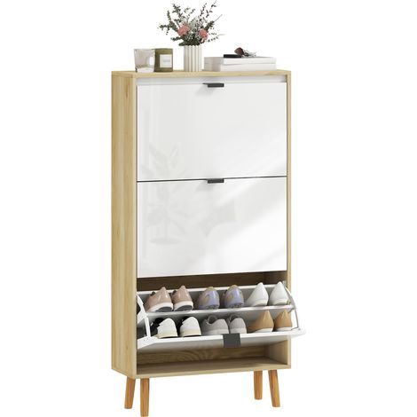 Meuble à chaussures, armoire à chaussures étroite, 3 tiroirs rabattables, porte haute brillante, 60x24x127cm, blanc (1/5)