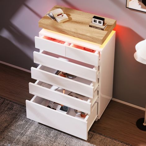 Commode, buffet laqué brillant à 6 tiroirs, éclairage LED (contrôlable via application), meuble multifonctionnel pour salon et chambre, 115 x 73 x 39 cm, blanc (1/5)
