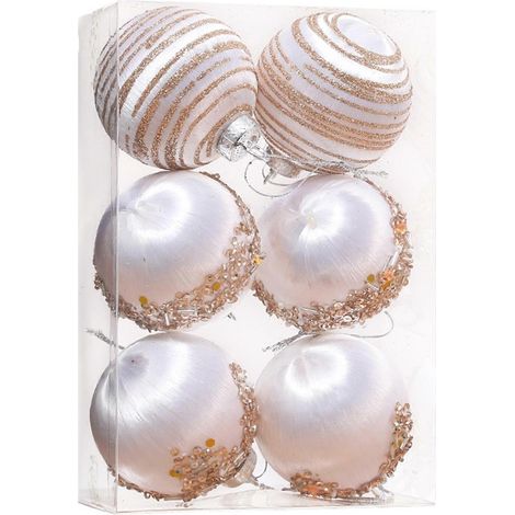 6 Pièces boules décoratives de Noël incassable effet floqué boule avec petites perles intérieur décorations suspendues pour le sapin de Noël fête scintillante,Blanc (1/5)