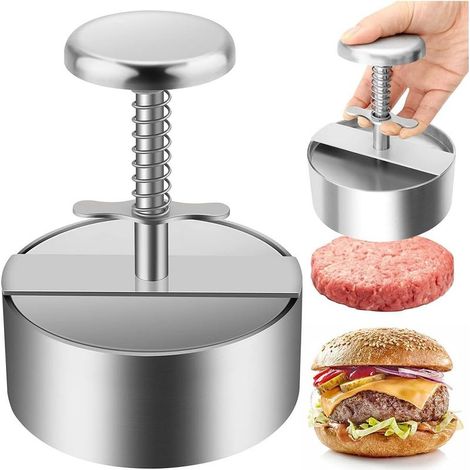 Presse à steak inox 11.5x14cm gris, bouton ressort, outil presse pour burgers maison, antiadhésif (1/5)