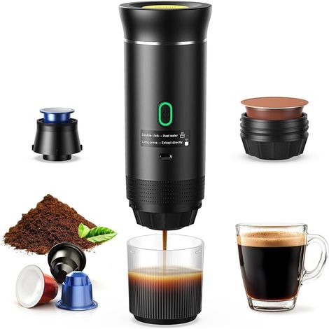 Cafetière Portable 3 en 1, Cafetiere Rechargeable Expresso Machine a Cafe compatible avec capsules Ness-preso, Dolce-Gusto et café moulu, pour Bureau, Maison, Voyage (1/5)