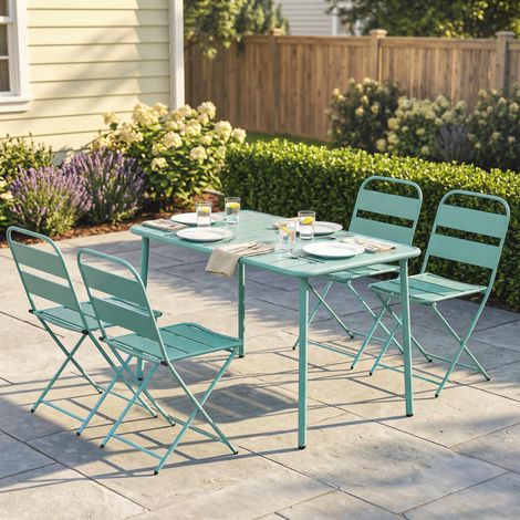 5-teiliges Gartenmöbel-Set für 4 Personen mit Latten-Tischplatte und Klappstühlen, Hellgrün