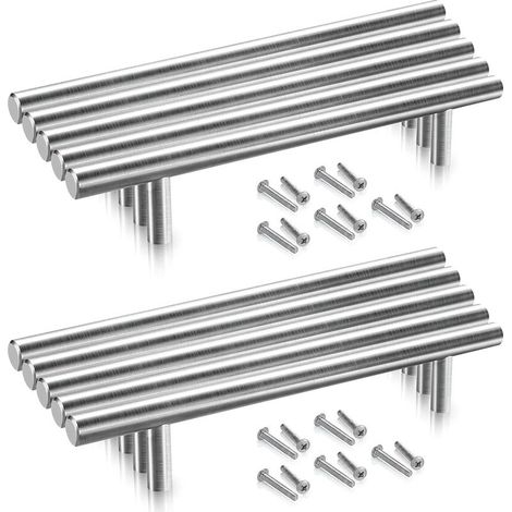 Lot de 10 Poignées de Porte de Placard et Cuisine en Acier Inoxydable – Entraxe 128 mm – Poignée en T en Acier Brossé