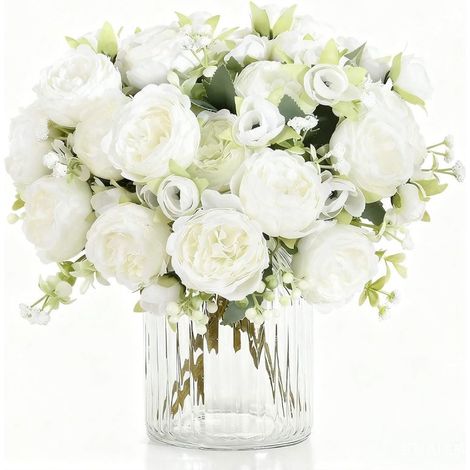 Irovami Pivoines artificielles en soie, bouquet de 3 bouquets de roses blanches artificielles pour mariage, décoration intérieure, composition en vase. (1/5)