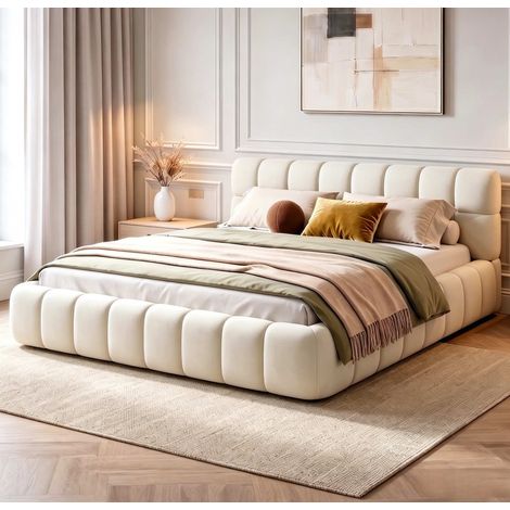 Lit double 140x190 cm –Lit adulte - Beige – Tissu lin – Tête de lit rembourrée – Cadre lattes – Style moderne – Structure panneaux (1/5)