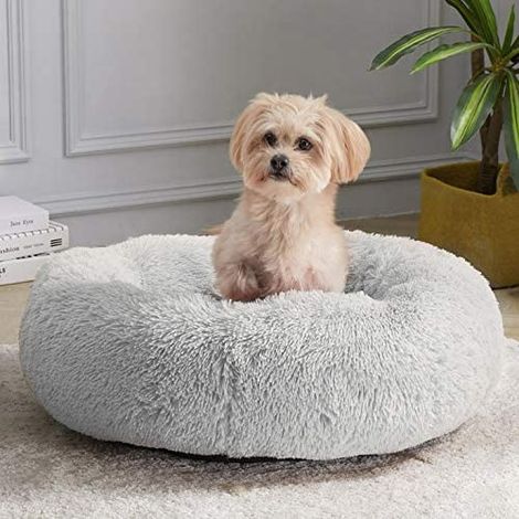 Panier pour animaux, panier rond auto-chauffant confortable pour chien avec fausse fourrure moelleuse (gris clair)