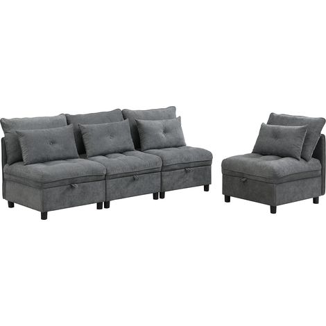 Sofá Modular 4 Plazas, con Almacenaje Bajo Cada Asiento, Función Cama, Chenilla Gris Envejecido (1/5)