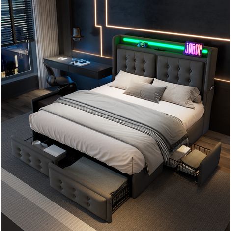 Cama tapizada 180x200 con LED, USB-C, enchufes y 4 cajones de almacenaje gris OKMYHOME (1/5)
