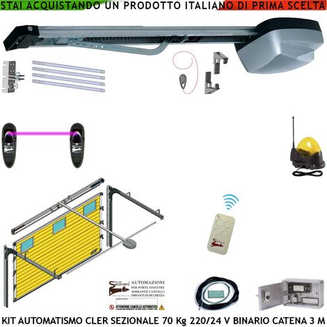 Porta Sezionale 70 Kg da Soffitto Kit Automatismo 220/24 V Radiocomando Fotocellule Faro Antenna Binario Alluminio 3 Metri Catena 5,5 MT Sistema Autoreverse Blindino Cordino Sblocco Luce di Cortesia (1/4)