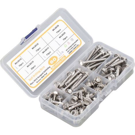 Kit de 80 vis autoperceuses à tête hexagonale avec boîte de rangement, en acier inoxydable résistant à la corrosion, M4.8 (1/5)