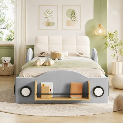 Cama tapizada 90x200 cm con almacenaje hidráulico, bolsillos laterales, balda para libros, cabecero acolchado, flanela gris (1/5)