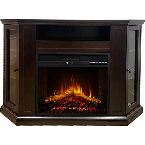 Camino elettrico caminetto da terra ad angolo MADISON in legno Noce L126 x P78 x H83