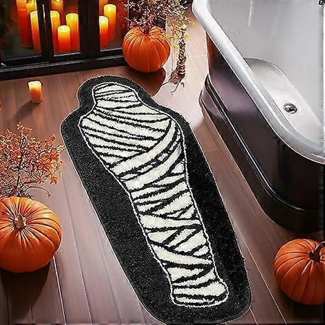 Tapis de bain noir et blanc décoratif pour chambre d'Halloween, motif cercueil antidérapant, décoration gothique, tapis momie amusant 45,7 x 119,4 cm (1/4)