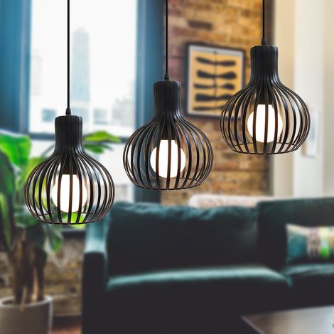 Pendelleuchte, 3 Flammig Hängelampe, im Industri Stil, mit Ø20cm Kürbis Käfig, E27 Halter (Schwarz)