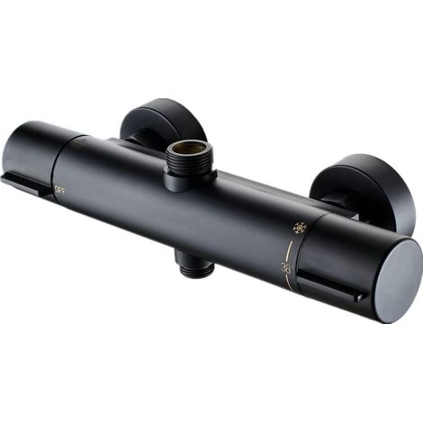 Mitigeur douche Thermostatique de Douche 38℃ Bas G1/2 Haut G3/4" BSP Bain noir Mitigeur douche Thermostatique Robinet de Douche à Deux Sorties Robinet de Douche en Laiton Chromé (1/5)