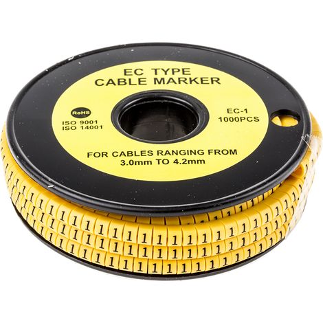 Repère câble , Ø câble 3 4.2mm, texte : 1, Noir sur Jaune ( Prix pour Bobine de 1000 )