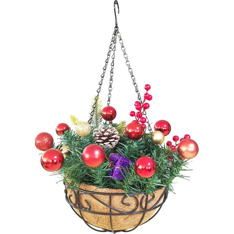 Panier suspendu de Noël en Dentelle Fer Forgé Fibre de Coco Faux Fleurs Décoration Intérieur 30.5x14cm Chaîne 46cm-KZQ (1/2)