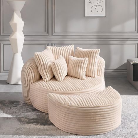 Fauteuil rond en tissu beige avec repose-pieds 168 x 123 x 63 cm (1/5)