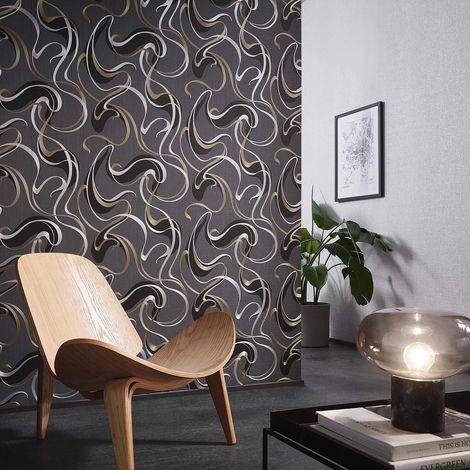 Papier peint design tendance gris anthracite & or | Tapisserie à motifs ondulation moderne chambre adulte | Papier peint original chic (1/4)