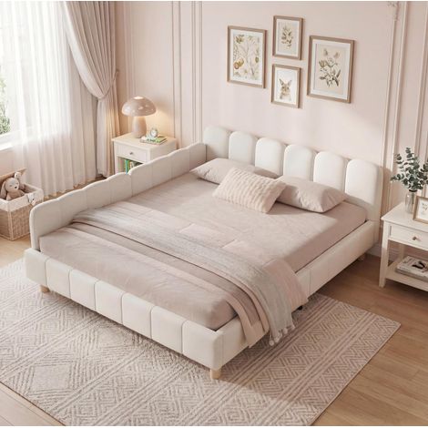 Cama infantil tapizada 140 x 200 cm de terciopelo beige con cabecero acolchado y barrera anticaídas (1/5)