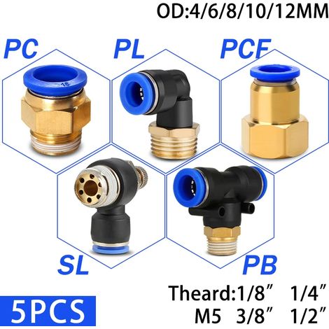 (OD6mm-1I8-PB (5PCS)) Raccord de tuyau pneumatique Filetage M5 3/4' 1 2 voies Raccords rapides pour tuyau (1/5)