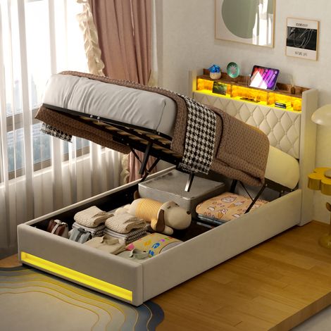 Lit coffre 140x200cm, Lit double capitonné en velours,Éclairage LED et port USB,Sans matelas,Beige (1/5)