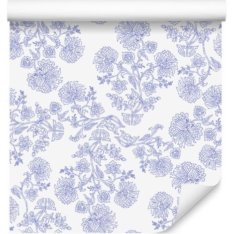 Tapete mit Blumenmuster in Weiß und Blau, weißer Hintergrund für Wohn- und Schlafzimmer, 50 x 1000 cm (1/5)