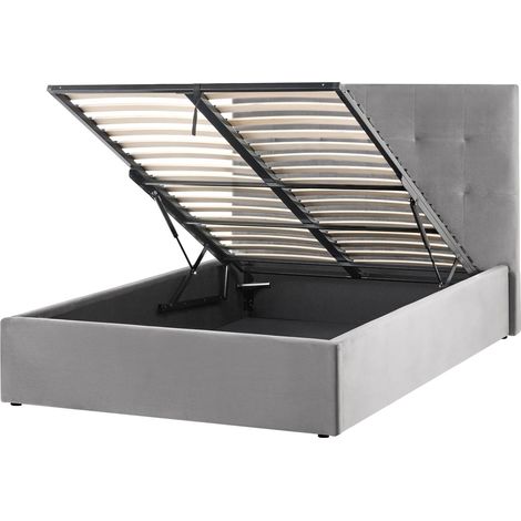 Ottoman Bed Grey Velvet Upholstery EU Small Double Size Headboard Storage Function Modern Design LORIENT (1/5)