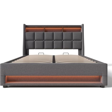 Lit coffre rembourré gris 140x200 cm avec matelas, LED, USB et sommier métallique (1/5)
