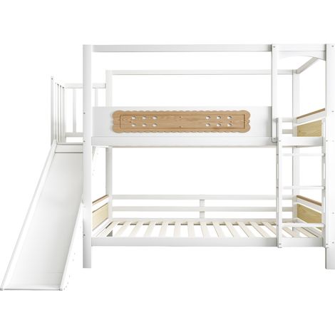 Lit superposé pour enfants 90 x 200 cm avec cadre de lit en forme de maison, barrières de sécurité en forme de biscuit, toboggan et échelle de sécurité extra large, couleur bois
