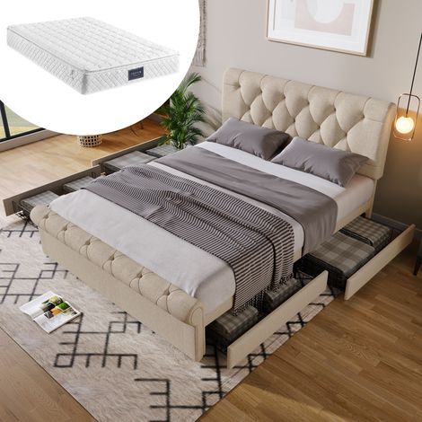 MEUBLIV Cama 140x200 cm natural – 4 cajones y cabecero регулируable, con colchón (1/5)