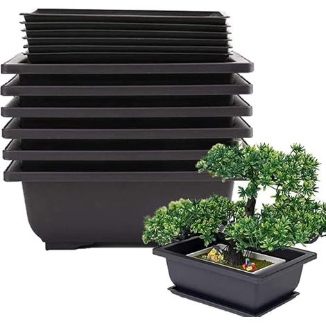 Lot de 6 pots à bonsaï - Plateau humide profond classique avec filet intégré pour plantes, fleurs, pots carrés en plastique (1/5)