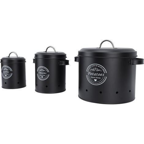 Lot de 3 boîtes de rangement pour pommes de terre et oignons, en acier au carbone, style ferme, avec bocaux et récipients pour le plan de travail, couleur noire. (1/5)