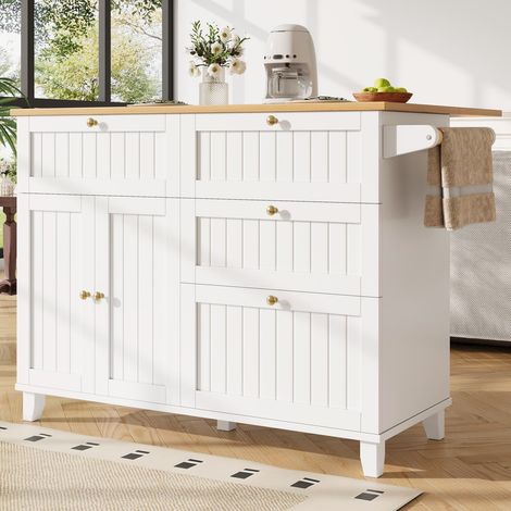 Îlot cuisine blanc effet bois plan travail extensible roulettes rangements multifonctions (1/5)