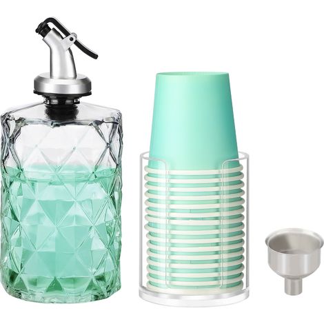 16oz Mundwasserspender aus Recyclingglas mit tropffreiem Auslauf und diamantartiger Oberfläche für elegante Badezimmer- oder Küchendekoration - Komplettes Set mit Ständer und 15 Papierbechern (1/5)