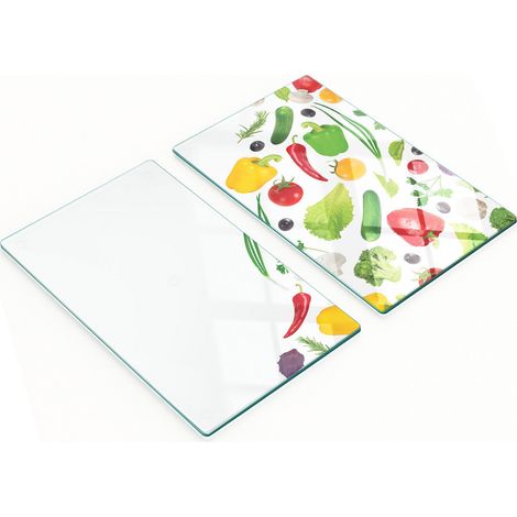 Tablas de cortar decorativas de vidrio para cocina con dibujos de verduras, 2 x 30 x 52 cm.