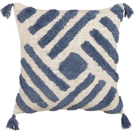 Cojín de algodón azul beige claro 45 x 45 cm geométrico borlas relleno Jacaranda (1/5)