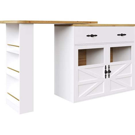 Table de bar extensible avec rangement (138-204×39×104cm), table de repas pivotante à 360°, table de bar mobile moderne, table haute pour îlot de cuisine et bistrot, meuble bas avec étagères, blanc