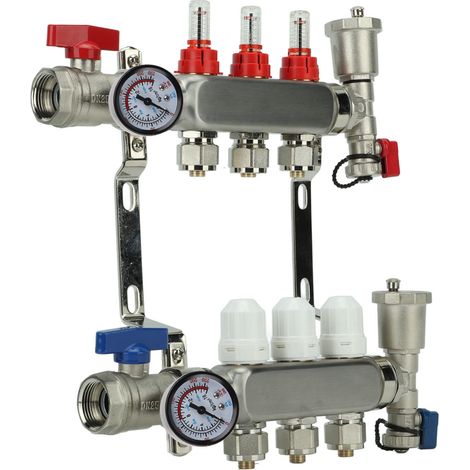 3-Schleifen-Fußbodenheizungsverteiler mit hochpräzisem Durchflussmesser und Manometer (G1in-Fußbodenheizungsverteiler-Set) (1/5)