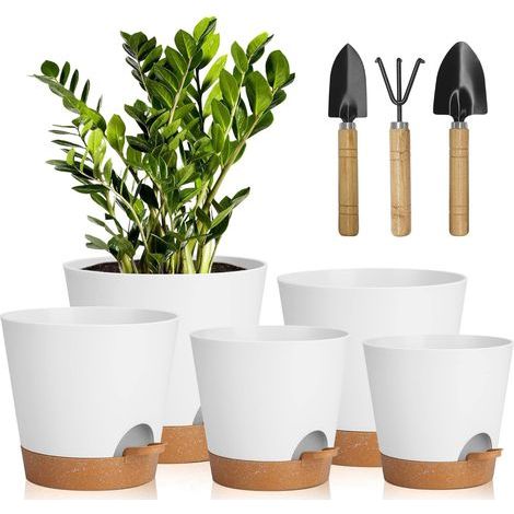 5 Pcs Pots de Fleurs en Plastique, 7/6.5/6/5.5/5 inch Pots à Fleurs/Plantes en Plastique, Auto-Arrosant avec Soucoupe de Fleur Convient aux Jardins de Balcon Intérieurs et Extérieurs(Blanc Marron) (1/5)