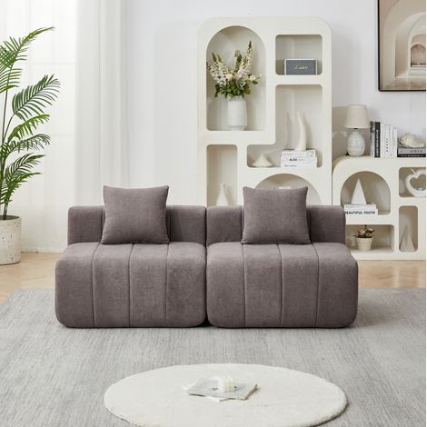Sofá modular de chenilla gris con 2 cojines, diseño simétrico (1/5)