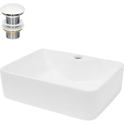 ECD Germany Lavabo Carré en Céramique, 480x380x140 mm, Blanc, avec Garniture de Vidage 1 1/4, pour Lavabo sans Trop-Plein, Vasque à Poser, Évier Moderne, Lave-Mains, Cuvette Salle de Bains Toilettes (1/5)