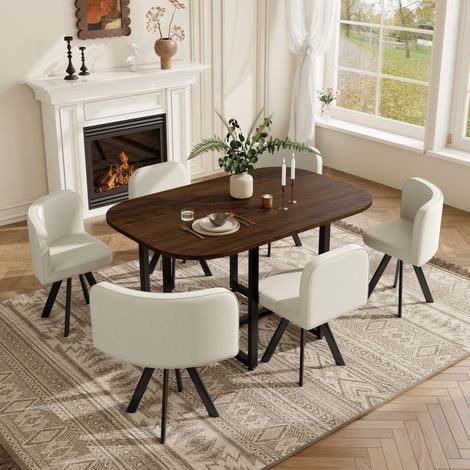 Conjunto de mesa de comedor y 6 sillas, 140 x 90 cm, mesa de cocina moderna y compacta, sillas tapizadas en lino, Nogal y Beige (1/5)