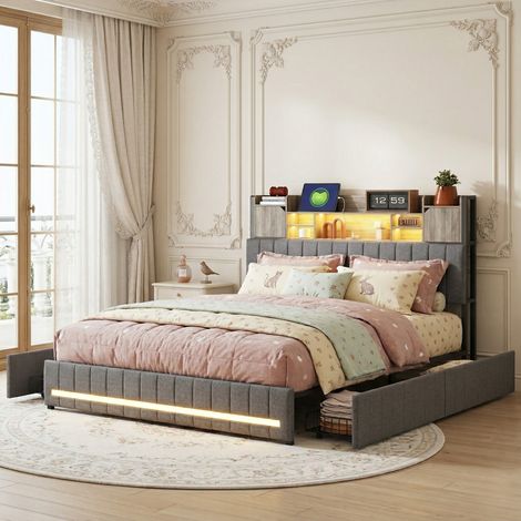 Lit double avec tiroirs 140x190 cm, tissu lin - avec 4 tiroirs, éclairage LED et prises intégrés - sommier à lattes,design scandinave, Gris