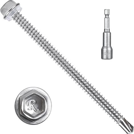 50PCS Vis Autoforeuse Metal avec Rondelle d'étanchéité 6,3 x 100 mm Vis Autoforeuse Inox 410 pour Metal, Bac Acier, Toiture avec 1 Douilles Hexagonales (1/5)