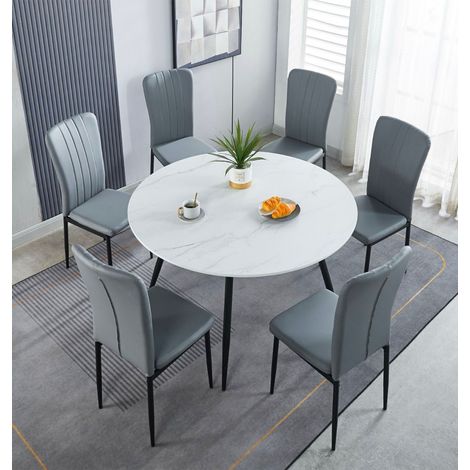 Hallowood Furniture Cullompton Large Round Dining Table and Chairs Set 6, White Marble Effect Kitchen Table and Chairs Upholstered in Grey Faux Leather, Dining Room Sets for Home and Cafe (1/5)