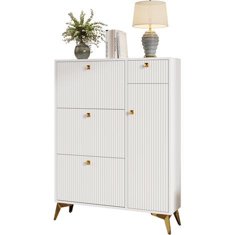 ELVMI Meuble à Chaussures 3 Abattants, 1 Tiroir, 1 Porte et Étagères Réglables, pour Entrée, 90x25x121 cm, Blanc (1/5)